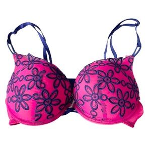 Hot pink & Royal blue embroidered mesh push-up bra 34C